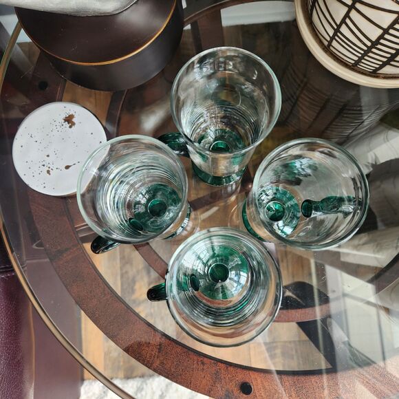 Set of 4 Vtg Pedestal Glass Irish Coffee Bar Mugs w/ Green Accent MCM Art Deco - Picture 9 of 9